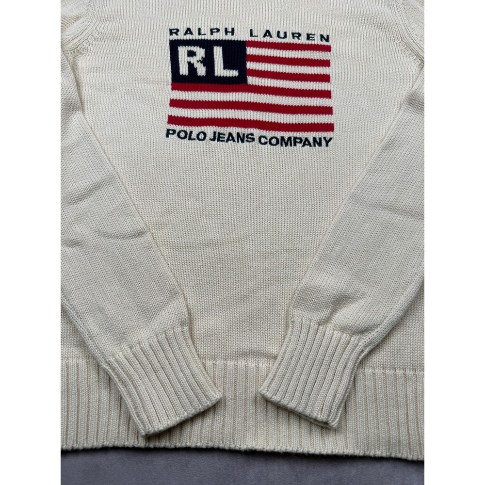 VTG Ralph Lauren Polo Jeans Co American Flag Mock Cotton Sweater Beige Womens S - Picture 11 of 13